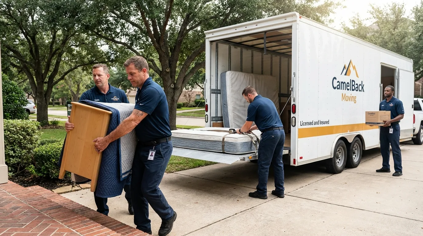 Crew loading residential truck for cross-state move from Sacaton, AZ