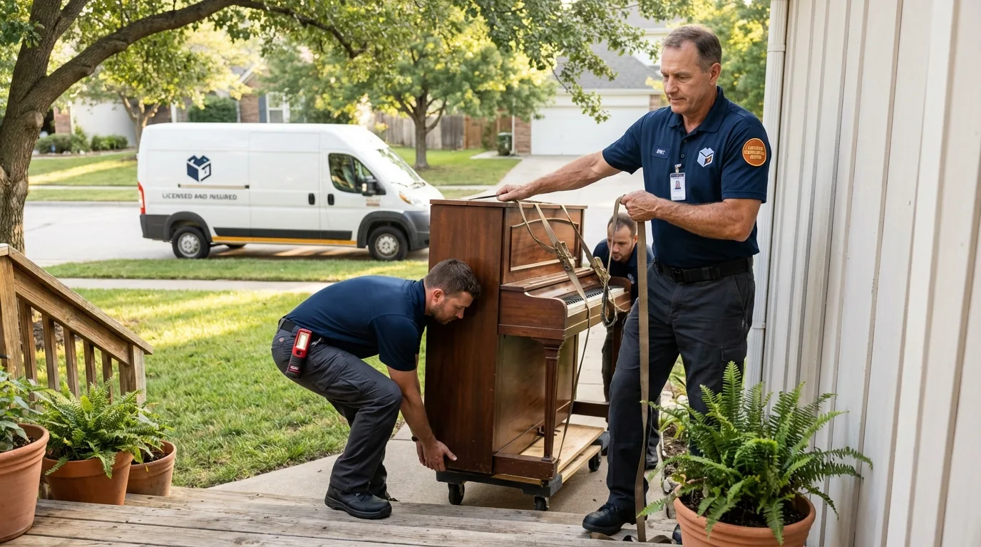 Licensed piano movers securing grand piano in Sacaton, AZ