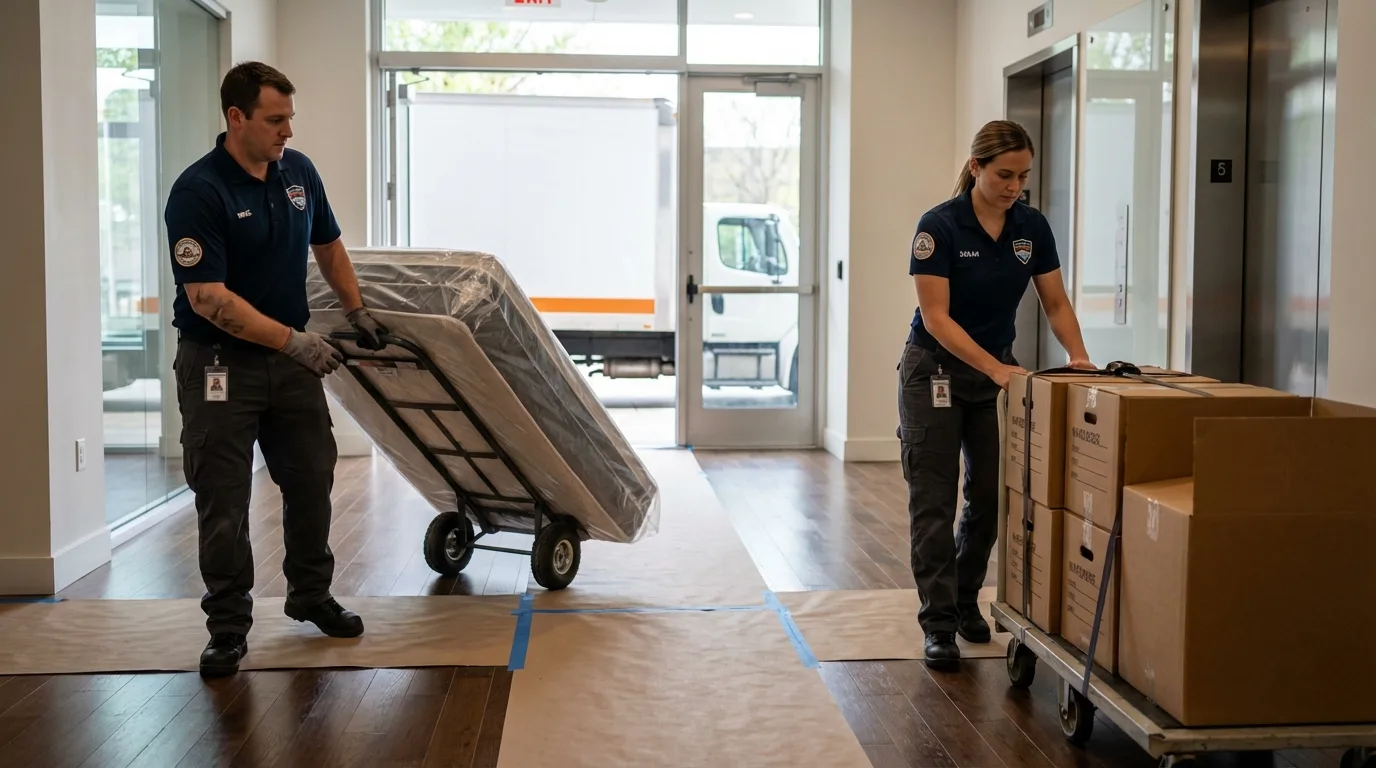 Professional apartment movers loading elevator in Sacaton, AZ